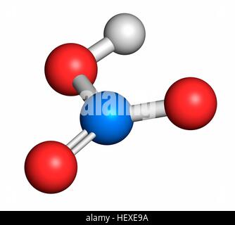 Salpetersäure (HNO3) starken mineralischen Säure Molekül, Computer Bild. In der Produktion von Dünger und Sprengstoffen verwendet. Atome werden als Kugeln mit konventionellen Farbkodierung dargestellt: Wasserstoff (weiß), Sauerstoff (rot), Stickstoff (blau). Stockfoto