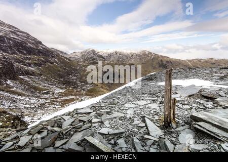 Verlassene mine auf der Seite der Greis Coniston im Schnee, eine fiel im englischen Lake District im Winter Stockfoto