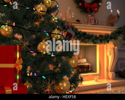3D-Rendering New Year innere mit Weihnachtsbaum Stockfoto