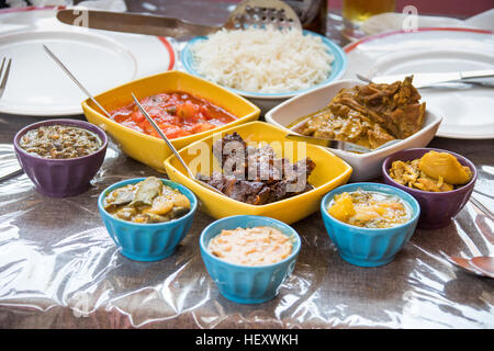 Tomaten-Fisch, Wildschwein und Huhn curry Essen, Palais de Barbizon, Chamarel, Mauritius Stockfoto