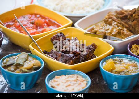 Tomaten-Fisch, Wildschwein und Huhn curry Essen, Palais de Barbizon, Chamarel, Mauritius Stockfoto