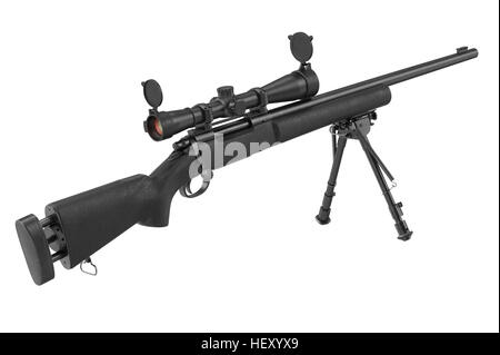 Gewehr Sniper schwarz mit optischen Rahmen und Zweibein. 3D-Rendering Stockfoto