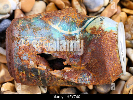 Rostige Blechdose an einem Strand angespült Stockfoto