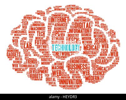 Technologie-Gehirn-Wortwolke auf weißem Hintergrund. Stock Vektor