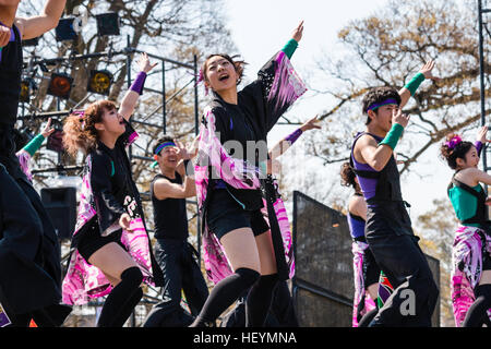 Japanische Yosakoi Festival. Dance Team auf der Bühne in erster Linie schwarze Kostüm, Tanzen und Singen, die Arme über dem Kopf angehoben. Im Freien, tagsüber. Stockfoto