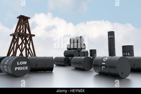 Öl-Turm und Fässer mit Text Öl. 3D-Rendering. Stockfoto