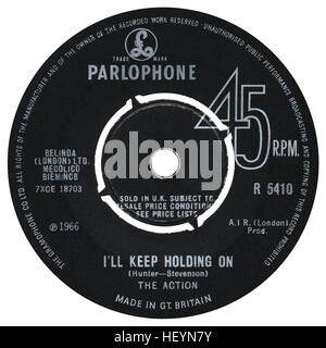 45 u/min 7' UK Plattenlabel von ich werde Keep Holding On von der Aktion auf dem Parlophone Label von 1966 Stockfoto