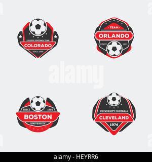 Satz von Fußball-Fußball-Team-Emblem. Sport-Team-Logo mit Ball roter und schwarzer Farbe druckfertig auf Hemd. Stock Vektor