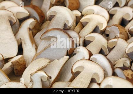 Frische Herbstsaison halbiert geschnitten Steinpilze (Ceps, Boletus Edulis) auf Einzelhandel Bauernmarkt, Nahaufnahme, hoher Winkel Stockfoto