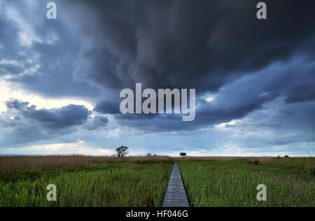 dramatische stürmischen Wolken über Pier Weg an Küste Stockfoto