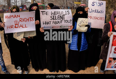 25. Dezember 2016 - Srinagar, Jammu und Kaschmir, Indien - Kashmiri Studenten halten Plakate bei einer Protestkundgebung gegen die Tötung von Zivilisten weltweit am 25. Dezember 2016 in Srinagar, der Sommerhauptstadt des indischen verabreicht Kaschmir, Indien. Dutzende von Kashmiri Studenten inszeniert eine Sitzstreik Protestdemonstration in indischen Aldenhoff Kaschmir, gegen die Angriffe auf Zivilisten in Aleppo, Kaschmir, Irak, Burma und Jemen Demonstrationen gegen Zivilisten getötet Ausbreitung, rund um den Globus, in der Hoffnung auf Aufforderung der internationalen Gemeinschaft zu diesen Ländern zu helfen wo der Civi Stockfoto