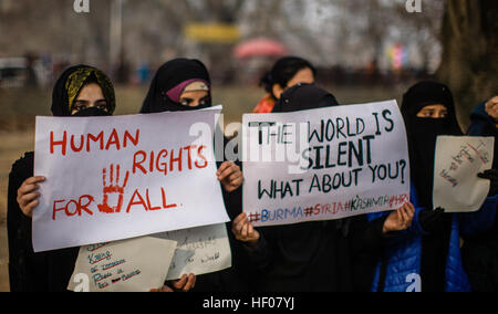 25. Dezember 2016 - Srinagar, Jammu und Kaschmir, Indien - Kashmiri Studenten halten Plakate bei einer Protestkundgebung gegen die Tötung von Zivilisten weltweit am 25. Dezember 2016 in Srinagar, der Sommerhauptstadt des indischen verabreicht Kaschmir, Indien. Dutzende von Kashmiri Studenten inszeniert eine Sitzstreik Protestdemonstration in indischen Aldenhoff Kaschmir, gegen die Angriffe auf Zivilisten in Aleppo, Kaschmir, Irak, Burma und Jemen Demonstrationen gegen Zivilisten getötet Ausbreitung, rund um den Globus, in der Hoffnung auf Aufforderung der internationalen Gemeinschaft zu diesen Ländern zu helfen wo der Civi Stockfoto