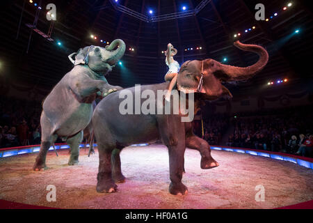 Künstler sitzen auf einem Elefanten während der Premiere des Circus Krone Winterprogramm in München, Deutschland, 25. Dezember 2016. Foto: Tobias Hase/dpa Stockfoto