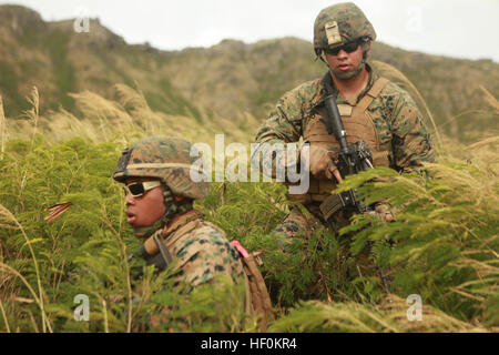 Lance Cpl. Armando F. Leal, links, sorgt für Sicherheit während Petty Officer 3rd Class Brian J. Klindt, rechts, bewegt sich durch Pinsel während des Trainings hier scharfer Munition 19. November. Klindt und Leal dienen mit der 11. Marine Expeditionary Unit maritime RAID-Kraft. Nach Zusatzausbildung, wird die Kraft der amphibious Transport Dock New Orleans für einen sieben-Monats-Einsatz zu den westlichen Pazifik und mittlerer Osten Regionen begeben. Ausbildung in Hawaii 111119-M-FW664-046 Stockfoto