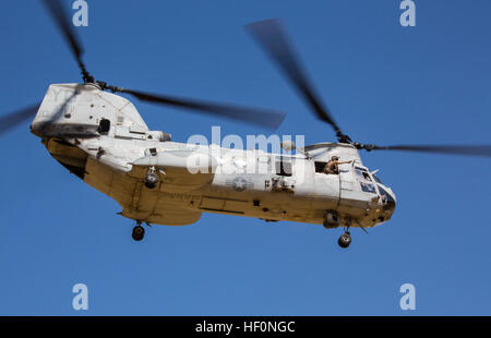 Eine CH-46E Sea Knight mit Marine Medium Helicopter Squadron 268 fliegen während einer Teilung beschränkt Bereich Trainingsflug an Bord Fort Hunter Legit, Calif., Sept. 10 landen. Im Oktober wird HMM-268 stellen zum Marine Corps Air Station Miramar, Kalifornien, und den Übergang zu einem Marine-mittleres Tiltrotor-Geschwader beginnen. Rote Drachen vorbereiten zu verabschieden, Sea Knight 130910-M-RB277-088 Stockfoto