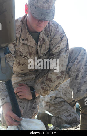 Lance Cpl. David S. Shouse, Versorgung Angestellter mit Hauptsitz und zentrale Geschwader unterstützt die explosive Ordnance Entsorgung Marines indem Taschen mit Diesel für eine Explosion-Demonstration am 17 April, auf der EOD-Range an Bord der Marine Corps Air Station Cherry Point, North Carolina Die EOD Marines ausgeführt eine Down-sized Praxis führen, Erstellen einer 30-Fuß-Wand des Feuers und Sprengschnüre andere Sprengstoffe, an der Station EOD-Bereich. Mitglieder der 2. EOD II. Marine Expeditionary Force, ansässige Unternehmen aus Camp Lejeune, begleiten die Air Station und 2. Marine Aircraft Wing EOD Marines zur Unterstützung während der diesjährigen Luft Stockfoto