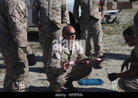 Staff Sgt Evan T. Crowgey, erklärt explosive Ordnance Entsorgung training Personal Unteroffizier seine Marines die Verwendung des Strickes Verzögerung beim Einrichten der Detonation Kabel 17 April auf der EOD-Range an Bord der Marine Corps Air Station Cherry Point, North Carolina Die EOD Marines ausgeführt eine Down-sized Praxis führen, Erstellen einer 30-Fuß-Wand des Feuers und Sprengschnüre andere Sprengstoffe, an der Station EOD-Bereich. Mitglieder der 2. EOD II. Marine Expeditionary Force, ansässige Unternehmen aus Camp Lejeune, begleiten die Air Station und 2. Marine Aircraft Wing EOD Marines zur Unterstützung während der diesjährigen Luft zeigen. Explosive Stockfoto