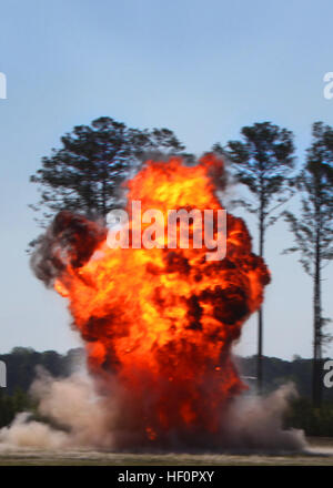 Eine Explosion auf den Weg durch die explosive Ordnance Entsorgung Marines schaffen eine 30 Fuß Feuerwand 17 April auf der EOD-Range. EOD Marines planen, setzen Sie auf einen Urknall und entzünden eine Feuerwand von 1.000 Fuß für die 150.000 Zuschauer an die Cherry Point Airshow vom 4.-6. Mai erwartet. Mitglieder der 2. EOD II. Marine Expeditionary Force, ansässige Unternehmen aus Camp Lejeune, begleiten die Air Station und 2. Marine Aircraft Wing EOD Marines zur Unterstützung während der diesjährigen Luft zeigen. Explosive Ordnance Marines Aufheizen Luft zeigen 120417-M-EG384-984 Stockfoto