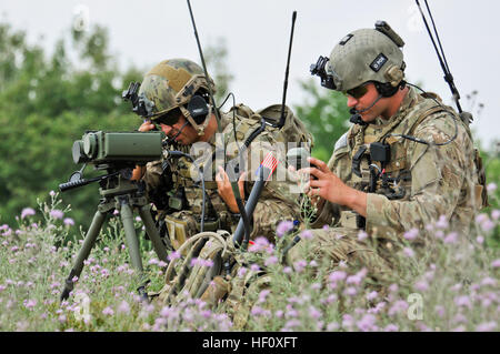 Staff Sgt Alejandro Saldivar (links) und Senior Flieger Rob Designe (rechts) von der 168. Air Support Operations Squadron, Peoria, IL Kontrolle A10 Flugzeug auf eine Unterstützungsmission enge Luft während der Übung Northern Stike 2012 an Äschen Air Gunnery Range, Michigan. (Foto: U.S. Air Force Master Sergeant Scott Thompson) (freigegeben) Übung Northern Strike 2012 120718-Z-GS745-615 Stockfoto