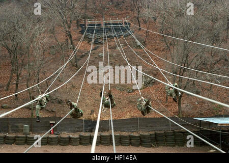 060410-M-2782C-096-Republik Korea (10. April 2006) - US-Marines von der 5. Air Naval Gunfire Liaison Unternehmen (ANGLICO) lernen Berg Kriegsführung aus der 2. Republik der Korea Marine Division Rangers, Berg-Ausbilder. Die Südkoreaner lehrte ANGLICO Marines nützlichen Fähigkeiten, die ihnen hilft, wenn sie jemals Krieg in eine Bergwelt führen. US Marine Corps Foto von CPL. Alex s. Creasia (freigegeben) US Navy 060410-M-2782C-096 US-Marines von der 5. Air Naval Gunfire Liaison Unternehmen (ANGLICO) lernen Berg Kriegsführung aus der 2. Republik der Korea Marine Division Stockfoto