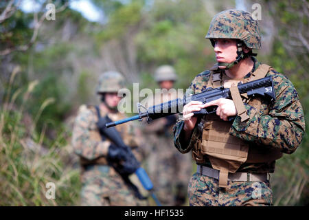 CPL James J. Amirault sucht nach simulierten improvisierte Sprengsätze Jan. 29 im Bereich zentralen Ausbildung in der Nähe von Camp Hansen im Verlauf III MHG geförderte Korporale. Amirault ist ein Student und ein Ingenieur Ausrüstung elektrische Anlagen Techniker mit 9. Ingenieur Support Battalion, 3rd Marine Logistics Group, III MEF. Korporale Kurs gipfelt in zentralen Ausbildung Bereich 130129-M-FD301-933 Stockfoto