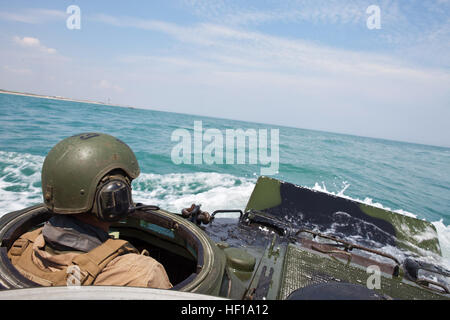 Ein US-Marine Assault Amphibian Fahrzeug (AAV) Besatzungsmitglied mit Alpha Company, 1. Bataillon 8. Marineregiment treibt seine AAV durch Wasser während der Durchführung amphibischer Training vor der Küste von Camp Lejeune, North Carolina, 17. Mai 2013. Die Ausbildung Entwicklung wurde zur bereiten Sie des Geräts für alle zukünftigen Operationen, wo Angriff amphibische Fahrzeuge verwendet werden kann. (U.S. Marine Corps Foto von CPL. Vernon Meekins/freigegeben) V18 Amphibische 130517-M-QA590-014 Stockfoto