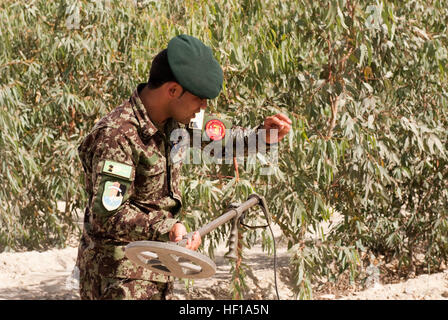 Ein afghanischer Soldat mit dem 201. Corps, Afghan National Army, erklärt, dass die Funktionen des ein tragbarer Metalldetektor während ein Zähler improvisierten Sprengkörpern (IED) den Trainer-Kurs bei Forward Operating Base Gamberi in Provinz Laghman, Afghanistan, 21. Mai 2013 trainieren. Die Absolventen dieses Kurses ermöglicht die 201. Corps erweitern ihre Zähler IED Bemühungen und das afghanische Volk vor den Feinden von Afghanistan zu schützen.  (US Army National Guard Foto von 1st Lt. Sam Otto/freigegeben) ANA-Soldaten komplett trainieren die Trainer-Kurs bei FOB Gamberi 130521-Z-OH907-039 Stockfoto