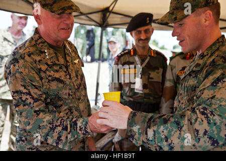 US Marine Sgt. Robert W. Walker, Recht, liefert ein Beispiel des gereinigten Wassers aus dem Miniatur einsetzbare Hilfe Wasseraufbereitungssystem für US Marine Generalleutnant Terry G. Robling an eine Katastrophe-Standort in Biang, Brunei Darussalam, 19 Juni als Teil der Vereinigung der südostasiatischen Nationen humanitäre Hilfe/Katastrophenhilfe und militärische Medizin Übung (AHMX). Die Katastrophe-Website ist die Lage der Bereich Training Übung Teil der multilateralen Übung, bildet eine Plattform für den regionalen Partner Nationen zur gemeinsamen Sicherheit Herausforderungen stärken Verteidigung Zusammenarbeit Stockfoto