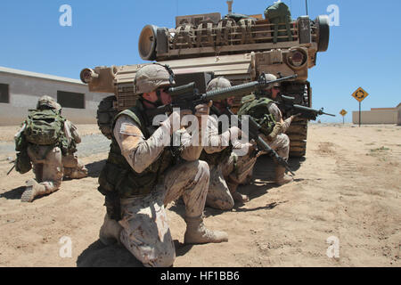 Kanadische Soldaten mit 2nd Battalion, Royal 22. Regiment der Garde, den Seiten und hinten ein M1A1 Abrams während Übung Dawn Blitz hier, 21. Juni 2013 Tank. Wenn durch städtische Gelände manövrieren, erfordern Panzer Truppen auf dem Boden, für Feinde in das Fahrzeug blinden Flecken zu sehen. Dawn Blitz 2013 ist eine Szenario-driven Übung, Navy und Marine Corps Forces Marine Expeditionary Brigade (MEB) und Expeditionary Strike Group (ESG) Ebene zu testen, während die Förderung-militärischer Zusammenarbeit und Interoperabilität mit Partnern betriebene Nationen entwickelt. Teilnehmende Ländern gehören Deutschland, Stockfoto