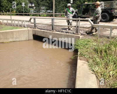 US-Soldaten der 827th Engineer Company, der New York Army National Guard und anderer Einsatztrupps halfen am 5. Juli 2013 bei der Beseitigung von Trümmern entlang der Bäche im Herkimer County, New York. Die Operation milderte Sturzfluten und leistete Unterstützung bei der Wiederherstellung im gesamten Mohawk Valley, nachdem am 28. Juni die Rekordfluten begannen. Stockfoto