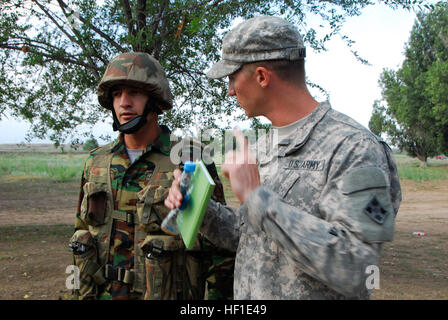 1st Lt. Cody Martin, gibt ein Mentor aus dem internationalen Unternehmen aus 1. gepanzerte Brigade Combat Team, 4. US-Infanteriedivision Feedback an Tadschiken Soldat auf Riot Steuerungsvorgänge Steppe Eagle 2013 bei Iliskiy Training Center am 13. August. Steppe Eagle ist eine jährliche, multi-nationalen Bewegung, die aus Kasachstan Friedenssicherung Brigade und Bataillon, Arizona Army National Guard, der 1st Armored Brigade Combat Team, 4. US-Infanteriedivision und dritte Army/U.S. Central Command durchgeführt wird. Die Übung hilft, starke Allianzen zu bilden, wobei mehr als 1.000 Teilnehmern Stockfoto