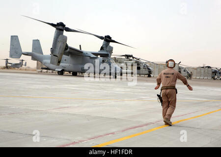 071010-M-7404B-044 AL ASAD AIR BASE, Irak (10. Oktober 2007) US Marine Sgt. Justin Shadrick, eine Fluglinie Crewchief mit Marine Medium Tiltrotor Squadron-263, verwendet Hand- und Armbewegungen Signale für die Kommunikation mit dem Piloten ein MV-22 Osprey während des Rollens es aus der Kreide auf der Flightline auf Al Asad Air Base für den Start vorzubereiten. Foto: U.S. Marine Corps Cpl. Sheila M. Brooks (Released) US Navy 071010-M-7404B-044 U.S. Marine Sgt. Justin Shadrick, eine Fluglinie Crewchief mit Marine Medium Tiltrotor Squadron-263, verwendet Hand- und Armbewegungen Signale zur Kommunikation mit dem Piloten ein MV-22 Osprey Stockfoto