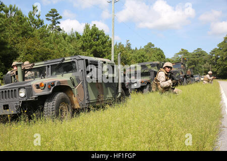 Marines mit Bekämpfung der Logistik-Regiment 25, 2. Marine Logistics Group bieten Sicherheit für eine massive Unfall Antwort Bohrer während eines Regiments Bereich Trainings an Bord Camp Lejeune, North Carolina, 12. September 2013. Die Übung geschult in einer Reihe von Szenarien entwickelt, um Service-Mitglieder für Bereitstellung vorbereiten. (Foto: U.S. Marine Corps Lance Cpl. Shawn Valosin) Mission Bereitschaft führt CLR-25 Feld Übung 130912-M-IU187-086 Stockfoto