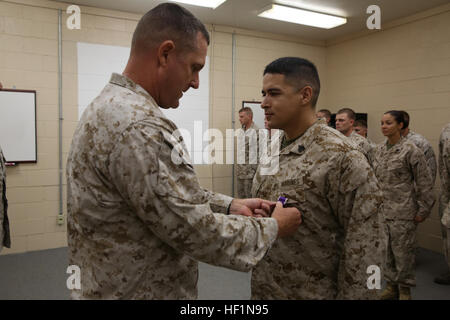 Col Gary F. Keim (links), der kommandierende Offizier der Bekämpfung Logistik Regiment 27, 2. Marine Logistics Group, verleiht dem Purple Heart ausgezeichnet Sgt. Julian Bejarano Jr., ein Mortarman mit der Schlacht Skills Training School, CLR-27, während ein Purple Heart Award Zeremonie an Bord Camp Lejeune, North Carolina, 8. Oktober 2013. Bejarano erhielt das Purple Heart für Wunden, die von einer improvisierten Sprengkörpern Explosion in der Provinz Helmand, Afghanistan, 5. Juli 2013 nachhaltig. CLR-27 Mortarman ausgezeichnet Purple Heart Medal 131008-M-DS159-007 Stockfoto