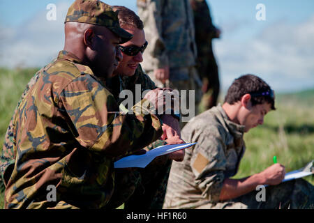 Staff Sgt Stephen Green, Kampfingenieur für 1. Combat Engineer Battalion, aus Armuchee, Ga., beantwortet Fragen von Papua-neuguineischer Ingenieure über improvisierte explosive Vorrichtung Identifikation in der Anfangsphase der Übung südlichen Katipo 2013 an Bord Waiouru Military Camp, New Zealand, 9. November. Die Ausbildung und zu militärischer Beziehungen während der SK13 Verbesserung der Interoperabilität mit unserem Koalitionspartner. Drei verschiedene Uniformen trainieren, um Sprengsätze zu identifizieren, während SK13 131109-M-SE196-004 Stockfoto