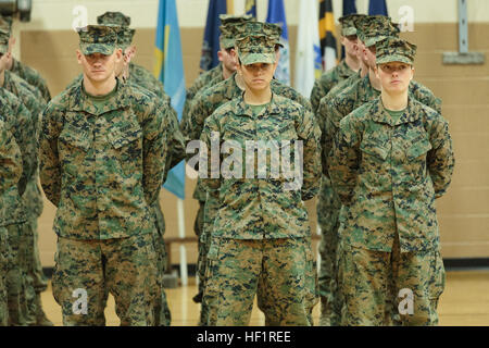 PFC. Cristina Fuentes Montenegro, 25, eines der ersten drei Absolventinnen der Marine aus der Schule der Infanterie-Ost Infanteriebataillon Training Kurs und gebürtig aus Coral Springs, Florida, links, und Pfc. Julia Carroll, 18, eines der ersten drei Absolventinnen der Marine aus der Schule der Infanterie-Ost Infanteriebataillon Training Kurs und gebürtig aus Idaho Falls, Idaho, stehen an der Position des Parade Rest während die Teilung der Firma Delta , Training Infanteriebataillon, Schule der Infanterie-Ost am Camp Geiger, N.C. 21 November. Die Staffelung von 224 Schüler markiert die erste Klasse der Marine Stockfoto