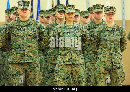 PFC. Cristina Fuentes Montenegro, 25, eines der ersten drei Absolventinnen der Marine aus der Schule der Infanterie-Ost Infanteriebataillon Training Kurs und gebürtig aus Coral Springs, Florida, links, und Pfc. Julia Carroll, 18, eines der ersten drei Absolventinnen der Marine aus der Schule der Infanterie-Ost Infanteriebataillon Training Kurs und gebürtig aus Idaho Falls, Idaho, stehen an der Position des Parade Rest während die Teilung der Firma Delta , Training Infanteriebataillon, Schule der Infanterie-Ost am Camp Geiger, N.C. 21 November. Die Staffelung von 224 Schüler markiert die erste Klasse der Marine Stockfoto