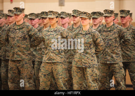 US-Marines PFC. Cristina Fuentes Montenegro (Mitte links) und PFC. Julia R. Carroll (Mitte rechts) Delta Gesellschaft, Ausbildung Infanteriebataillon, Schule der Infanterie - Ost (SOI-E), stehen in Parade Ruhe während ihrer Abschlussfeier von SOI-E am Camp Geiger, N.C., 21. November 2013. Im Rahmen einer gemessenen, bewusste und verantwortungsvolle Sammlung von Daten über die Leistung der weiblichen Marines beim Ausführen von bestehenden Infanterie Aufgaben und Fortbildungsveranstaltungen ist das Marine Corps Einsteiger weibliche Marine Probanden die achtwöchige Infanterist und Infanterie Schütze Training Grundkurse besuchen hereinholen Stockfoto