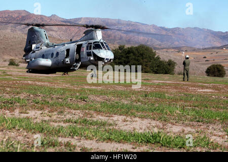 CH-46 Sea Knight Helikopter bieten den Marines während der Übung Steel Knight in Camp Pendleton Allwettertransporte und bringen Personal und Ausrüstung in strategische Verteidigungspositionen. Stockfoto