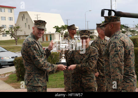 Kol. Lance A. McDaniel, erhält links, der Kantine der Trophée Quartal für Marinekorps Installationen Pazifik von Chief Warrant Officer Lisa M. Figueroa Dez. 18 während einer Zeremonie auf der 12. Marineregiment Mess Hall. Die Marines, Geschäftsführer der Messe Auszeichnung die nach eine Reihe von Faktoren wurden im vergangenen Quartal einschließlich Kantine Inspektionen, Finanzmanagement, Hygiene und Kundenservice überprüft. Das Ereignis markiert das erste Mal in drei Jahren, die das Regiment Mess Hall die Auszeichnung verdient. McDaniel ist der kommandierende Offizier der 12. Marines, 3. Marineabteilung, III Stockfoto