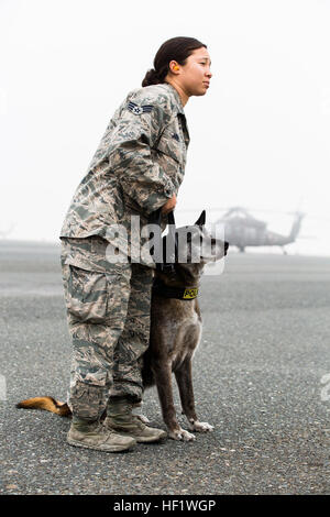 Senior Airman Angela Jones, eine Luftwaffe militärische Gebrauchshund Handler, wartet mit ihrem Hund Chester durch eine Armee UH-60 Black Hawk Hubschrauber betrieben durch A Company, 3. Bataillon, 142. Assault Helicopter Company, 42. Combat Aviation Brigade, während eine Einarbeitung Übung für die Hunde am 10. Januar 2014, irgendwo im Südwesten Asien. Die Arbeitshunde können per Helikopter schnell und effizient transportiert werden, um überall dort, wo sie gebraucht werden, wenn sie mit dem Flugzeug vertraut.  42. CAB, New York Army National Guard, wird derzeit im Ausland zur Unterstützung der Operation Enduring Freedom eingesetzt. Stockfoto