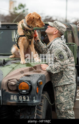 Sgt. 1. Klasse Jason Syriac, ein Offizier der Militärpolizei mit der North Carolina National Guard Headquarters und Headquarters Company, 130. Manöver Enhancement Brigade, spielt mit seinem Hund, Rosco, in der Werkstatt hinter seiner Einheit Waffenkammer in Charlotte, NC, Jan. 11. Rosco ist eine posttraumatische Störung Begleiter Tier dessen Hauptaufgabe, Syrisch helfen soll, eine zweifache Irak-Krieg-Veteran, mit der Krankheit umzugehen und helfen ihm zu erholen. Syriac hilft auch Rettungshunde für andere Service-Mitglieder in Reihenfolge für sie auch zugunsten von der Kameradschaft geschult werden er Erfahrungen mit Rosco. (US-Arm Stockfoto