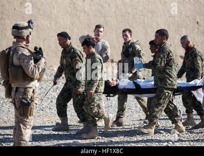 Petty Officer 3rd Class Kristopher Krysa, center, 27, aus La Grange Park, Illinois, ein Corpsman mit Security Force Unterstützung Beraterteam 2-215, leitet eine Unfall-Evakuierung auf ein Afghan National Army Base in der Nähe von Forward Operating Base Nolay, Provinz Helmand, Afghanistan, 28. Januar 2014. Krysa wurde kürzlich als Regional Command (Südwesten) und Brigade Headquarters Gruppe-Afghanistan SFAAT Junior Segler des Viertels ausgewählt. "Doc Brute" trainiert, berät, unterstützt afghanische medizinisches Personal 140128-M-PF875-300 Stockfoto