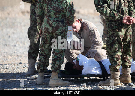 Petty Officer 3rd Class Kristopher Krysa, 27, aus La Grange Park, Illinois, ein Corpsman mit Security Force Unterstützung Beraterteam 2-215, spricht für einen verwundeten Soldaten der afghanischen Nationalarmee auf eine Basis in der Nähe von Forward Operating Base Nolay, ANA Provinz Helmand, Afghanistan, 28. Januar 2014. Krysa hilft ANA 2. Brigade, 215. Korps medizinisches Personal durch Unterstützung mit Verletzten und Ausbildung sie in verschiedenen Formen der Trauma-Versorgung und präventive Medizin. E28098Doc BruteE28099 trainiert, berät, unterstützt afghanische medizinisches Personal 140128-M-PF875-301 Stockfoto