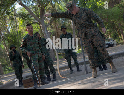 Royal Thai, Republik Korea und US-Marines arbeiten zusammen, um eine Kobra Dschungel Survival Training für Übung Cobra Gold 2014 bei Camp Latowin, Königreich von Thailand Februar 11 zu zähmen. Gemeinsam führen sie gemeinsame und multinationale Ausbildung, die entscheidend für die Aufrechterhaltung der Bereitschaft und der Interoperabilität der Streitkräfte der teilnehmenden. (Foto: U.S. Marine Corps CPL Zachary Scanlon/freigegeben) Marines lernen, sich in E2809Cthe bushE2809D überleben 140212-M-TH017-006 Stockfoto