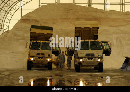 Dreißig South Carolina Army National Guard Muldenkipper Unterstützungsmaßnahmen schleppen in Beantwortung eines Ersuchens von S.C. Department of Transportation Transport 600 Tonnen Streusalz aus dem Charleston Meer Salz Werk nach Columbia, nach der Eissturm, die den Staat vom 11. / 12. Februar betroffen. Mehr als 180 Soldaten wurden im aktiven Dienst stand zur Beantwortung der Wintersturm nach der Ausrufung des Ausnahmezustands von Gouverneur Nikki Haley 11. Februar 2014 gesetzt. (US Air National Guard Foto von techn. Sgt. Jorge Intriago/freigegeben) Südöstlichen Wintersturm 140213-Z-XH297-047 Stockfoto