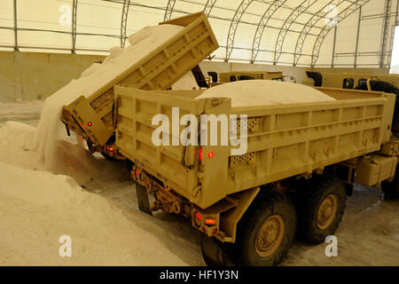 Dreißig South Carolina Army National Guard Muldenkipper Unterstützungsmaßnahmen schleppen in Beantwortung eines Ersuchens von S.C. Department of Transportation Transport 600 Tonnen Streusalz aus dem Charleston Meer Salz Werk nach Columbia, nach der Eissturm, die den Staat vom 11. / 12. Februar betroffen. Mehr als 180 Soldaten wurden im aktiven Dienst stand zur Beantwortung der Wintersturm nach der Ausrufung des Ausnahmezustands von Gouverneur Nikki Haley 11. Februar 2014 gesetzt. (US Air National Guard Foto von techn. Sgt. Jorge Intriago/freigegeben) Südöstlichen Wintersturm 140213-Z-XH297-050 Stockfoto