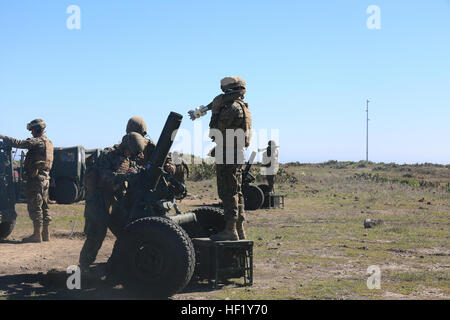 US-Marines von Echo Batterie, 2. Bataillon, 11. Marineregiment laden M120 120mm Mörser-System während der Übung Iron Fist 2014 an Bord der Insel San Clemente, Kalifornien, 14. Februar 2014. Iron Fist ist eine amphibische Übung, die Marines und Segler aus dem 15. Marine Expeditionary Unit, andere ich zusammenbringt. Marine Expeditionary Force Einheiten und Soldaten aus Japan Ground Self-Defense Force, zur Förderung der militärischen Interoperabilität und individuelle und kleine Einheit Fähigkeiten durch anspruchsvolle, komplexe und realistische Ausbildung. (U.S. Marine Corps Foto von Sgt. Jamean R. Berry/freigegeben) US-Marines Stockfoto