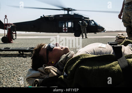 PFC. Pomeroy, Infanterist aus 1. Batterie, 67. Armored Regiment, 2. Brigade, 4. US-Infanteriedivision, liegt auf dem Rollfeld, nachdem eine erfolgreiche Luft medizinische Evakuierung trainieren mit C Company, 2. Bataillon, 238. Air Ambulance, während Betrieb Intrepid Centurion am 19. Februar 2014, in der Nähe von Camp Buehring, Kuwait.  Die 42. CAB, New York Army National Guard, zur Verfügung gestellt rotary geflügelten Luftfahrt Vermögenswerte Intrepid Centurion, eine jährliche Übung zwischen den USA und Kuwait Streitkräfte entwickelt, um ihre taktische Kenntnisse und Vertrautheit mit jeweils anderen Operationen zu stärken. (New York Army National Guard p Stockfoto