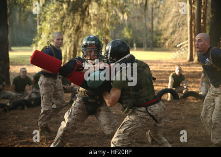 Marinerekruten der Mike Company, 3. Rekrut Training Battalion, üben am 10. März 2014 auf Parris Island, South Carolina, Bajonett und Hand-zu-Hand-Kampfkünste. Dieses Training ist Teil des Marinekorps Martial Arts Program, um Kampfbereitschaft und mentale Widerstandsfähigkeit zu verbessern. Stockfoto